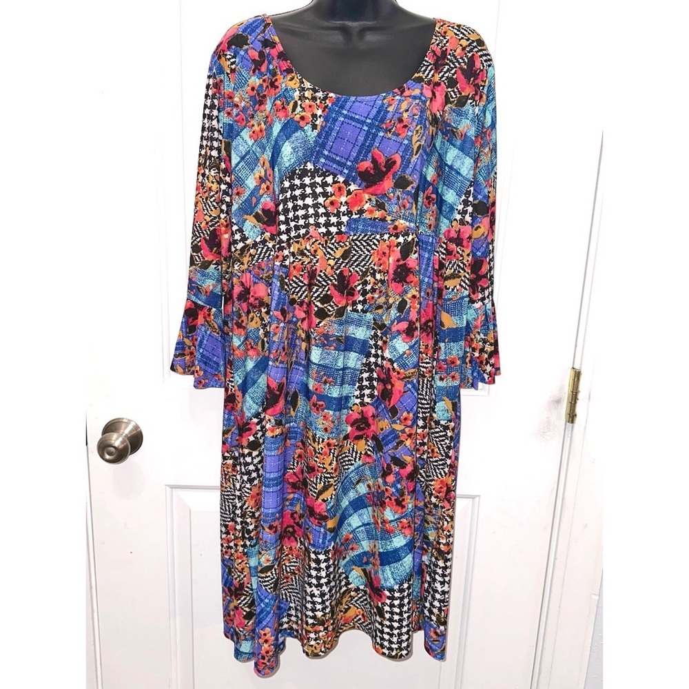 Boutique red & blue patchwork dress with bell sleeves